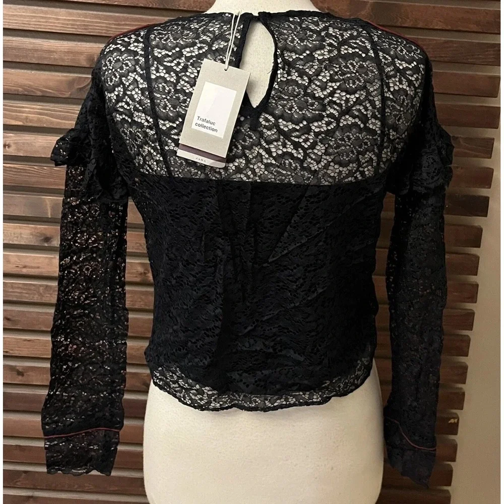 (B6) Zara Navy Blue Floral Lace Long Sleeve Blouse Red Piping Sheer Top XS NWT
